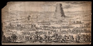 view An extremely detailed survey of the activities surrounding the building of the tower of Babel. Engraving, c. 1680.