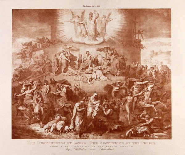 God appears at Babel to disperse the people into different tongues. Process print, 1894, after W. von Kaulbach.