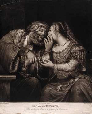 view Drunkenly gazing at the chin of his daughter, Lot moves amorously towards her. Mezzotint by R. Dunkarton, 1787, after A. de Gelder.