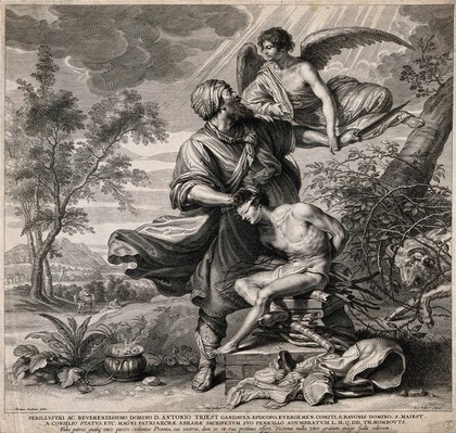 The angel intervenes as Abraham prepares to sacrifice Isaac. Engraving by S.A. Bolswert, c. 1620, after T. Rombouts.