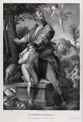 A boy angel appears as Abraham prepares to sacrifice his son. Lithograph by G. Sensi y Baldachi after A. del Sarto, 1529.