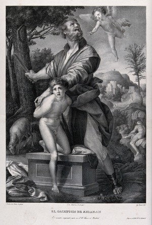 view A boy angel appears as Abraham prepares to sacrifice his son. Lithograph by G. Sensi y Baldachi after A. del Sarto, 1529.