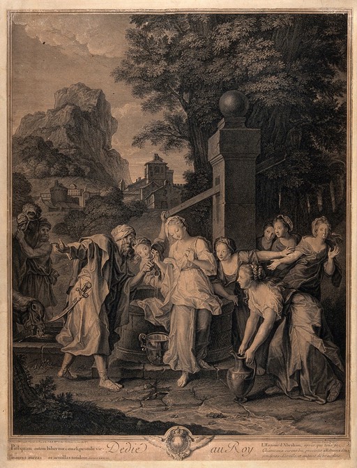 Abraham's servant is impressed by the beautiful Rebecca, who stands in white amid the women around the well. Engraving by P. Drevet after N. Coypel.