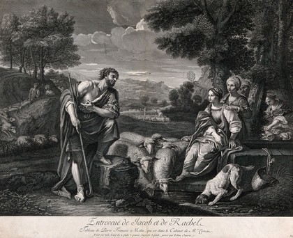 Jacob meets Rachel and falls in love. Engraving by E. Jeaurat after P.F. Mola.