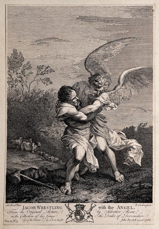 Jacob wrestles with the angel on a hilltop. Etching with aquatint by R. Earlom, 1766, after S. Rosa.