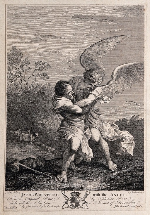 Jacob wrestles with the angel on a hilltop. Etching by R. Earlom, 1766, after S. Rosa.