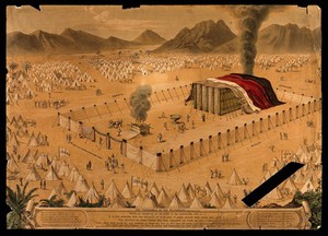 view A sacrifice taking place in the tabernacle in the wilderness; the encampments of the Jewish tribes spread out to the horizon. Coloured lithograph.