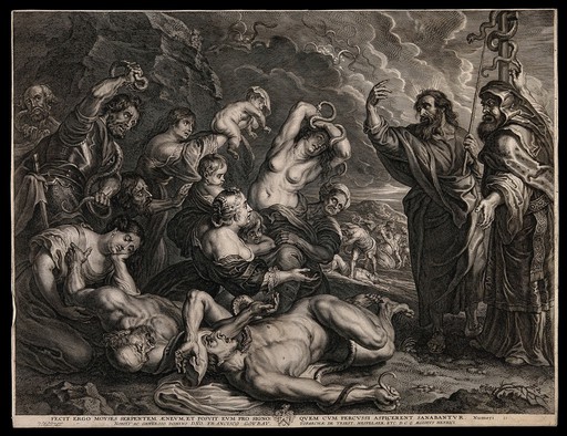 Moses and Eleazar show the brazen serpent before the writhing multitude afflicted with snake-bites. Engraving by S.A. Bolswert after P.P. Rubens, c. 1635-40.