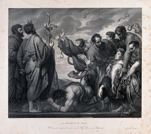 view Moses and Eleazar reveal the brazen serpent to the people afflicted with snakebite. Lithograph by A. Blanco after P.P. Rubens.