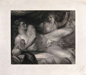 view As Samson breaks his bonds, Delilah pulls back the curtain to reveal her soldiers. Engraving after J.F. Rigaud.