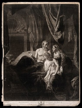 Bathsheba brings the young maid Abishag to the aging King David for body heat. Mezzotint by R. Earlom, 1779, after G. Farington after A. van der Werff, 1696.