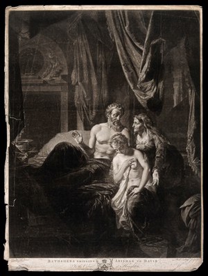 view Bathsheba brings the young maid Abishag to the aging King David for body heat. Mezzotint by R. Earlom, 1779, after G. Farington after A. van der Werff, 1696.