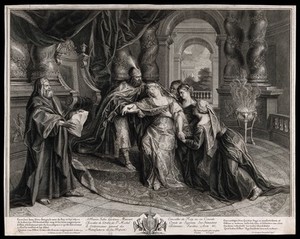 view Esther swoons before Ahasuerus. Engraving by J. Audran after A. Coypel.