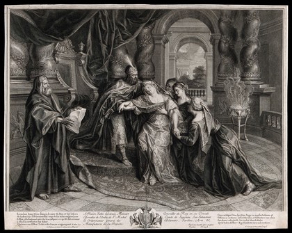 Esther swoons before Ahasuerus. Engraving by J. Audran after A. Coypel.