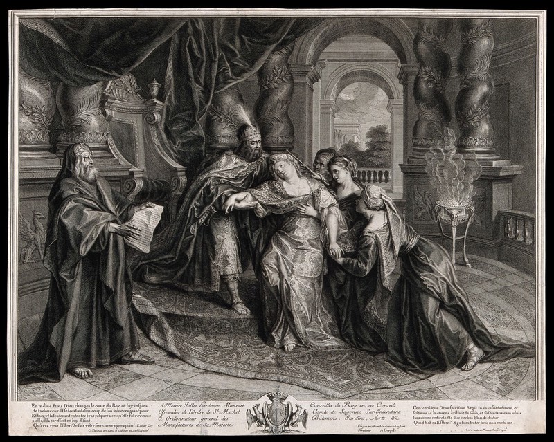 Esther swoons before Ahasuerus. Engraving by J. Audran after A. Coypel., 1704-1708, by Antoine Coypel