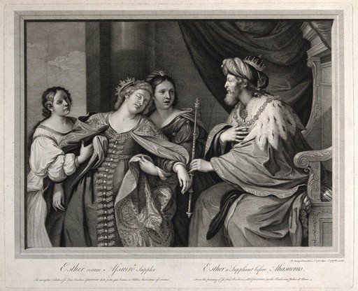 Esther faints before King Ahasuerus. Engraving, 1767, after R. Strange, 1762, after Guercino.
