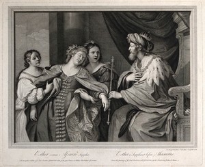 view Esther faints before King Ahasuerus. Engraving, by R. Strange, 1767, after R. Strange, 1762, after G.F. Barbieri, il Guercino.