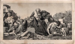 view Jeremiah sits amidst the rubble of Jerusalem, after its siege and destruction in 586 B.C. Lithograph by B. Weiss after E.J.F. Bendemann.