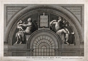 view Eleazar and Matthan in a half roundel. Engraving by A. Cunego after A. de Angelis after Michelangelo.