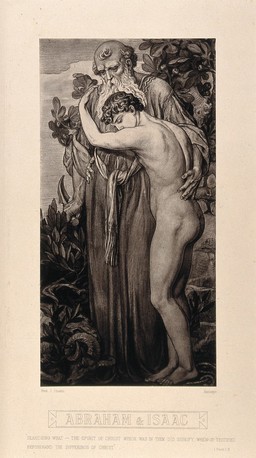 Abraham and Isaac embrace in the wilderness, in the shock of their reprieve. Autotype after F.J. Shields, 1877.
