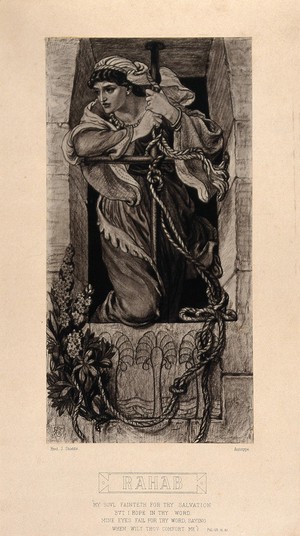 view Rahab hangs the scarlet cord from her window. Autotype after F.J. Shields, 1877.