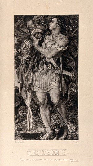 view Gideon, the Biblical judge, wrings the dewy fleece. Autotype after F.J. Shields, 1877.