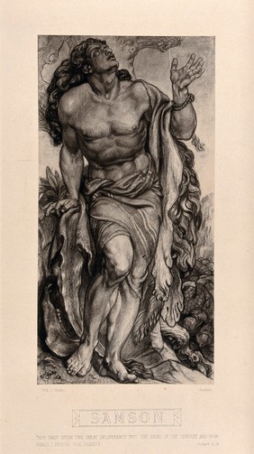 Samson stands over vanquished Philistines, a lion's pelt over his shoulders and his ass's jaw at his feet. Autotype after F.J. Shields, 1877.