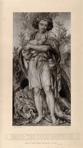 The young shepherd David, cradling a lamb; an expired lion lies at his feet, next to a small dagger. Autotype after F.J. Shields, 1877.