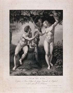 A serpent/woman coils around the tree of life which stands between Adam and Eve. Engraving by J.T. Richomme, 1814, after Raphaël.