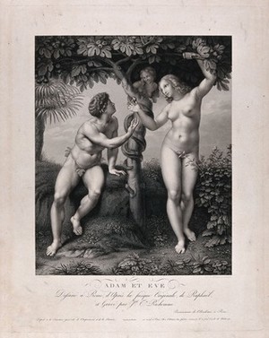 view A serpent/woman coils around the tree of life which stands between Adam and Eve. Engraving by J.T. Richomme, 1814, after Raphaël.