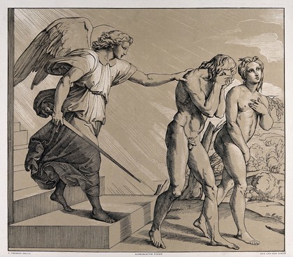 Adam and Eve are expelled from Eden by a sword-bearing angel. Lithograph by N. Consoni after Raphael.