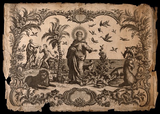 God stands in the centre of Eden; to the left he breathes life into Adam. Engraving by Scotin, c. 1765.