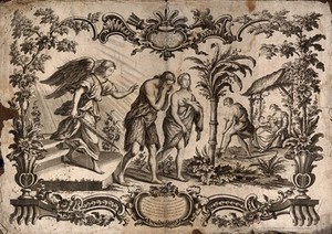 view The fall; expelled from Eden, Adam and Eve raise a family and set to work. Engraving by Scotin, c. 1765.