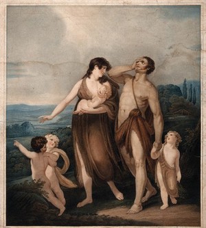 view A couple in animal skins (Adam and Eve?) journeying with three children after the expulsion. Coloured stipple engraving.
