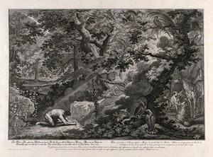 view Adam prays in the Garden of Eden. Etching by J.E. Ridinger after himself, c. 1750.