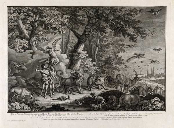 Adam and Eve are driven from Eden by an angel. Etching by J.E. Ridinger after himself, c. 1750.