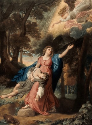 Hagar and Ishmael saved by an angel. Coloured mezzotint by R. Dunkarton, 1798, after J.S. Copley.