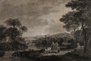 view Moses is retrieved from the Nile by Egyptian women. Engraving by S. Smith, 1786, after G. Robertson after F. Zuccarelli.