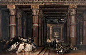 view The killing of the Egyptian firstborn by God. Coloured mezzotint by J. Martin, 1836, after himself.