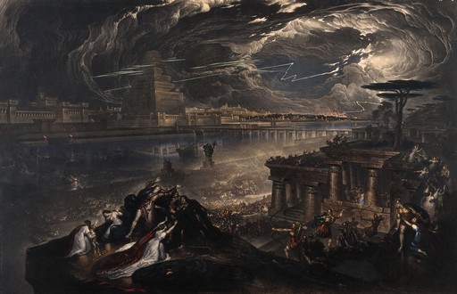 The fall of Babylon; Cyrus the Great defeating the Chaldean army. Mezzotint by J. Martin, 1831, after himself, 1819.
