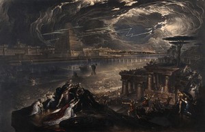 view The fall of Babylon; Cyrus the Great defeating the Chaldean army. Mezzotint by J. Martin, 1831, after himself, 1819.