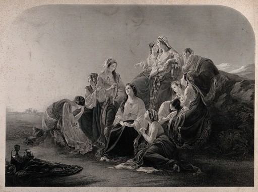 Jephthah's daughter contemplating her virginity and her imminent death, surrounded by woeful attendants with musical instruments. Engraving by P. Lightfoot, 1846, after H. O'Neil.