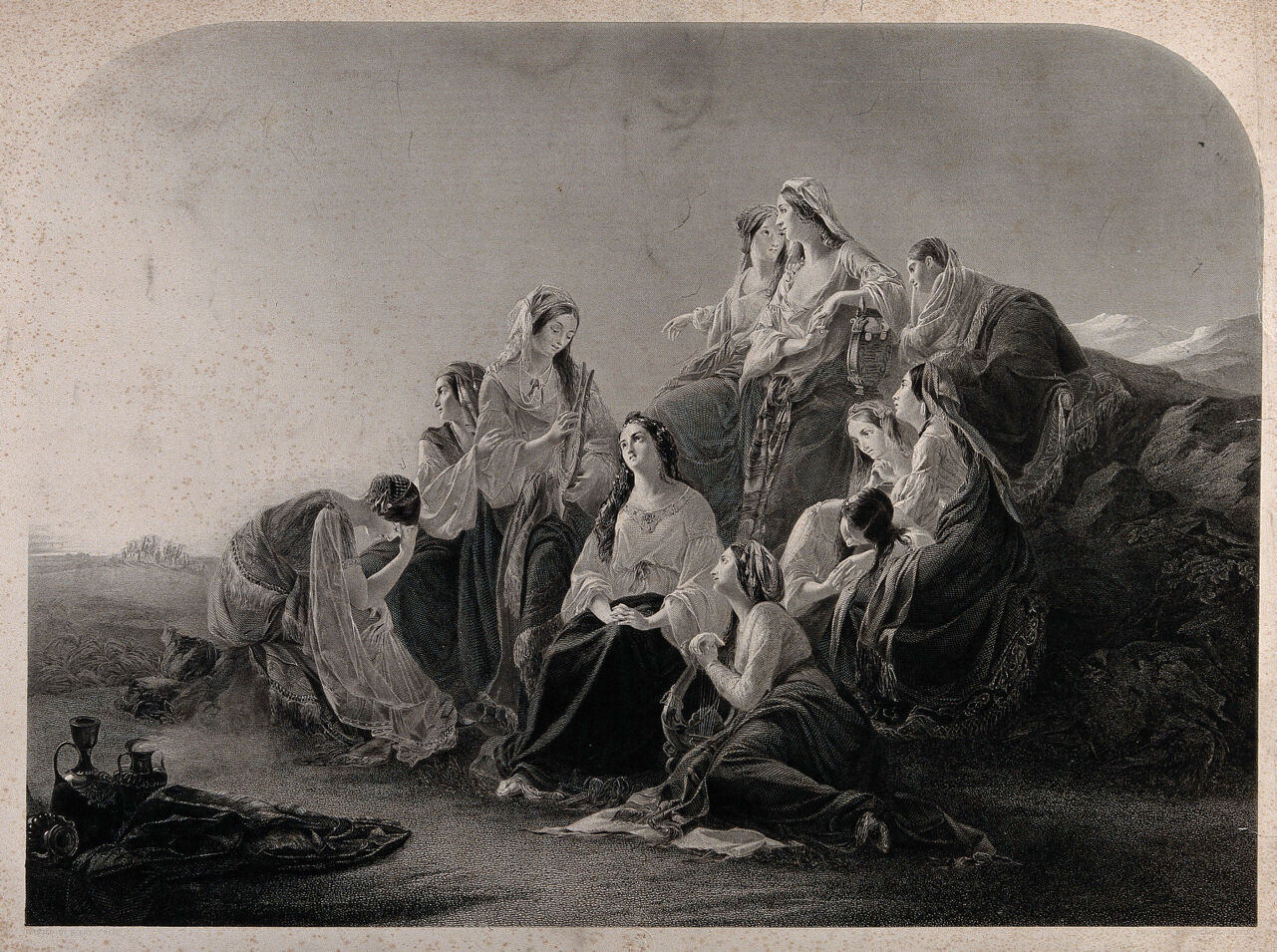 Jephthah's daughter contemplating her virginity and her imminent death, surrounded by woeful attendants with musical instruments. Engraving by P. Lightfoot, 1846, after H. O'Neil., 1846, by Henry Nelson O'Neil