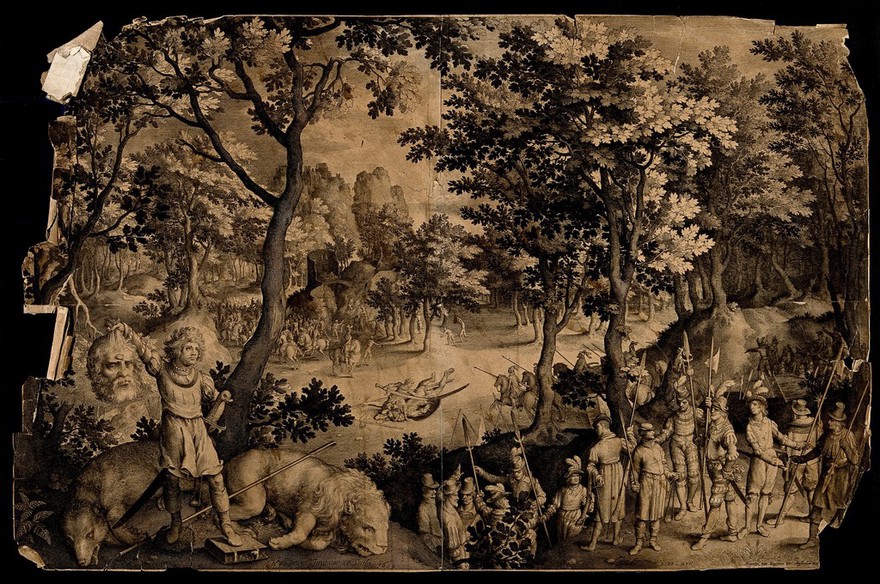 David holds the head of Goliath; soldiers dressed in contemporary uniform stand by. Engraving by N. de Bruyn after himself, 1609.