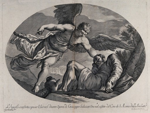 An angel saves a thirsting Elijah. Engraving by A. Zucchi, c. 1720, after S. Manaigo after J. Porta.