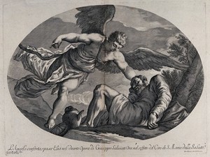 view An angel saves a thirsting Elijah. Engraving by A. Zucchi, c. 1720, after S. Manaigo after G. Porta, il Salviati.