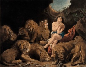 view Surrounded by lions, Daniel prays for his life. Coloured mezzotint by W. Ward, 1794, after P.P. Rubens.