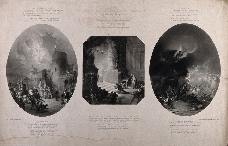 The invasion of Jerusalem; Hezekiah's prayer for Jerusalem's deliverance is answered. Mezzotint by G. Sanders, 1845, after E. Taylor.