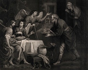 view Abraham gives food to his three strange guests. Stipple engraving by G.S Facius and J.G. Facius, 1781, after B.E. Murillo.