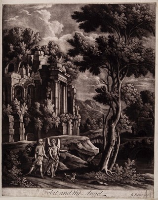 Tobias and the angel stroll through a classical landscape. Mezzotint by B. Lens.